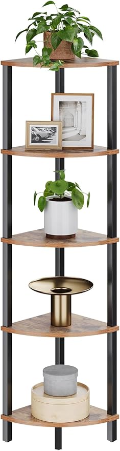 VIMBER Corner Shelf, 5-Tier Corner Bookshelf, Industrial Corner Ladder Shelf, Rustic Display Shelf for Living Room, Bedroom, Kitchen, Home Office, Rustic Brown and Black UJSJ001H