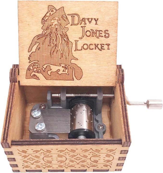 Davy Jones Locket Music Box Hand Crank Musical Box Carved Wooden,Play Davy Jone's Theme,Brown