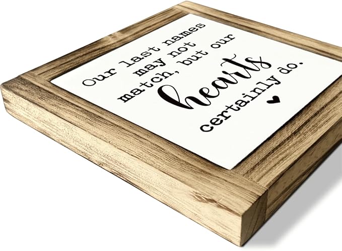 Farmhouse Wooden Box Sign, Blended Family Signs, Rustic Tabletop Decor, Father's Day Gift for Stepdad, Thanksgiving Gifts, Our Last Names May not Match But Our Hearts Certainly Do Sign, 5.9×5.9 inches