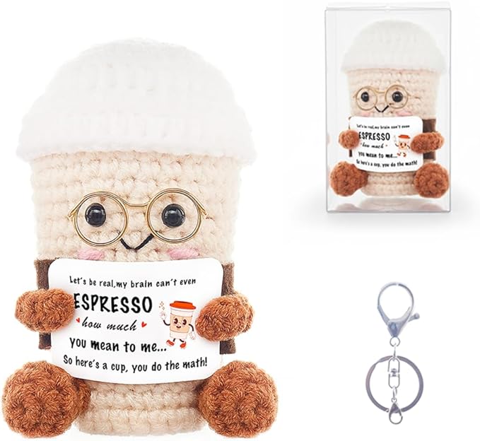 Positive Crochet Coffee Decor, Handmade Espresso Cup Desk Ornament with Display Box, Funny Birthday for Women Men, Teacher Appreciation (White Coffee)