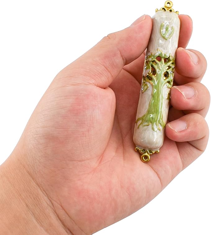 Mezuzah with Scroll for Door, Enamel&Zinc Alloy Blessing Mezuzah Case for Door, Colored Painted Mezuzha Scroll Kosher for Jewish Gifts/Jewish Decor, Christmas (Green)