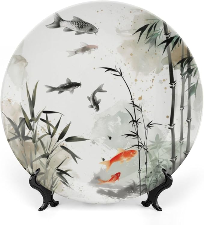 Ink Painting Theme Decorative Ceramic Plate Round Porcelain Plate,Tree and Fish Pattern,for Decorative Ornaments Giving Plates, 1 Plate with 1 Display Stand,Black White red,7 inch