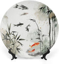 Ink Painting Theme Decorative Ceramic Plate Round Porcelain Plate,Tree and Fish Pattern,for Decorative Ornaments Giving Plates, 1 Plate with 1 Display Stand,Black White red,10 inch