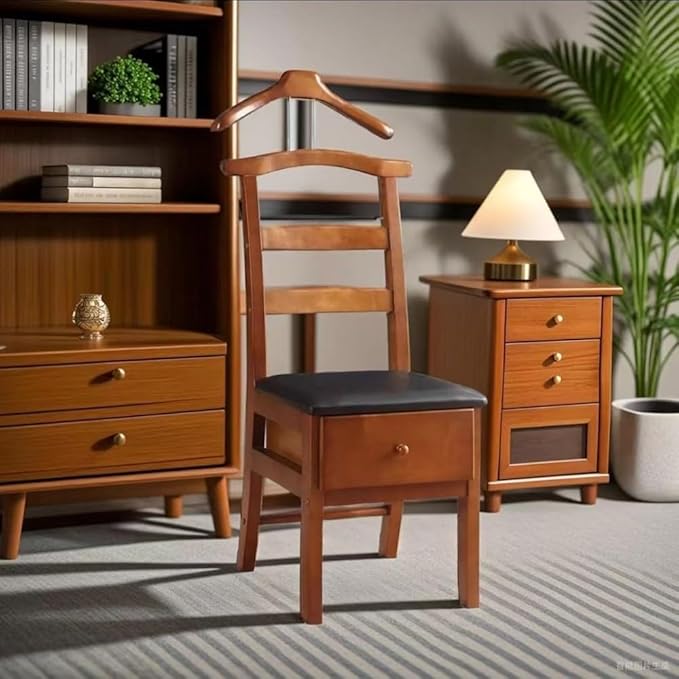 Chair Valet, Freestanding Suit Valet Stands for Women and Men with Drawer Trouser Bar and Tie Bar Wooden Chair Valet Stand Accessory Clothes Organizer,Wooden，45.7 * 58.4 * 111.8cm