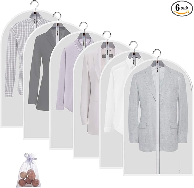 6 Pack Garment Bags for Hanging Clothes (24x40") - Dustproof Suit Bags for Closet Storage - Durable PEVA Covers with Sturdy Zipper for Coats, Jackets & Dresses (Translucent)
