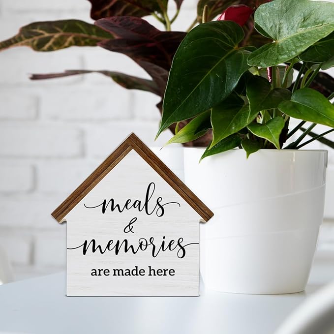 Farmhouse Kitchen Decor, Meals and Memories are Made Here House Shaped Wooden Block Sign, Rustic Dining Room Kitchen Decor for Desk Table Shelf