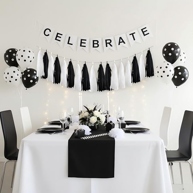 20Pcs Black and White Paper Tassel Garland,Tissue Tassel Banner for Party Decorations