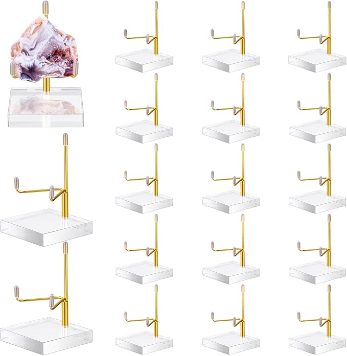 RattanView 16 Pcs Crystal Holder Easel Display Adjustable Metal Arm Display Stand with Acrylic Base Easel Rock Mineral Stand for Gemstone Fossils Geodes Mineral Agate Collection(Gold)