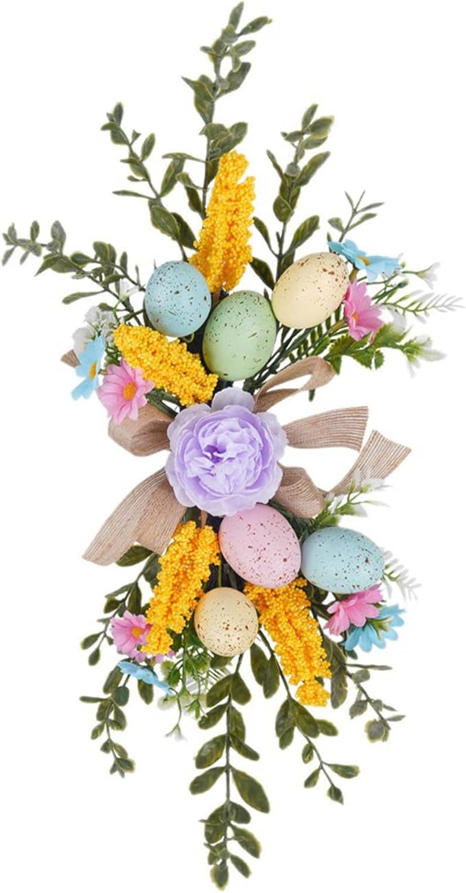 Easter Teardrop Swags 15.74inch Artificial Speckled Eggs Stairway Swag Decorated with Blooming Peonies, Colorful Daisies and Linen Bows Greenery Spring Floral Hanging Swags for Staircase