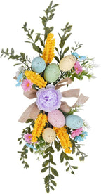 Easter Teardrop Swags 15.74inch Artificial Speckled Eggs Stairway Swag Decorated with Blooming Peonies, Colorful Daisies and Linen Bows Greenery Spring Floral Hanging Swags for Staircase