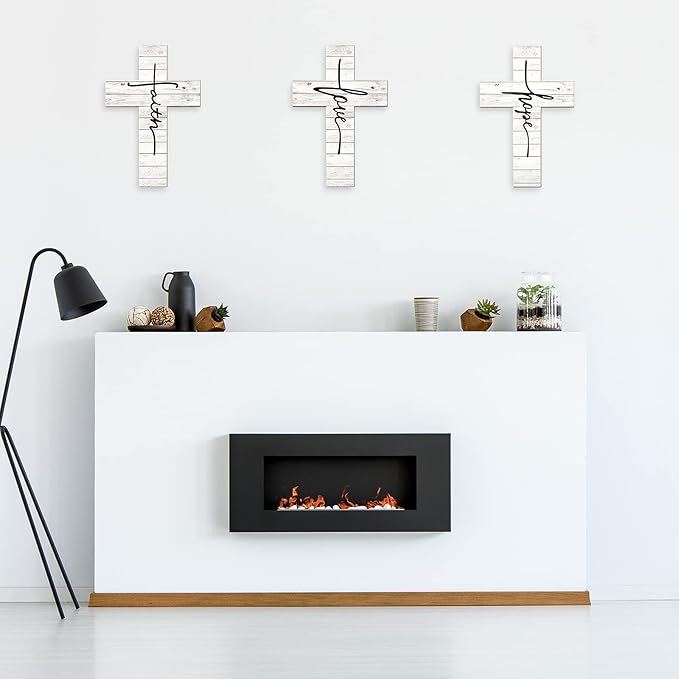 Jetec 3 Pieces Easter Faith Love Hope Cross Sign Crosses Wall Decor Wood Wall Hanging Rustic Cross Vintage Religious Love Art Decor Farmhouse Home Hanging Decorations, 12 x 8 Inch(White)