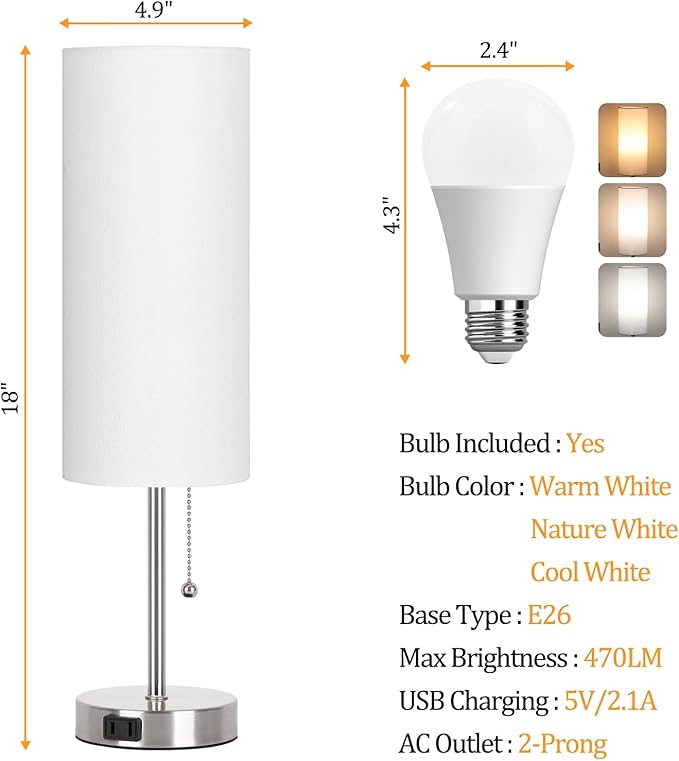 Dott Arts 18" Table Lamp for Bedroom, 3-Color Bedside Lamps with Pull Chain, Bedroom Table Lamps for Nightstand,AC Outlet Small Lamp for Living Room, Bulb Included Nickle
