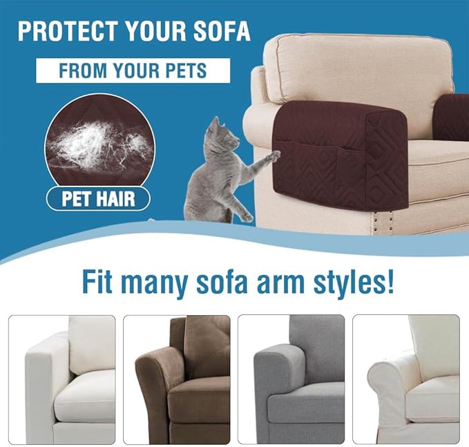 H.VERSAILTEX Armrest Covers for Sofa Water Resistant Couch Arm Covers Remote Control Holder Sofa Armrest Organizer for Magazine, Tablet, Phone, iPad(Set of 2, Brown/Beige)