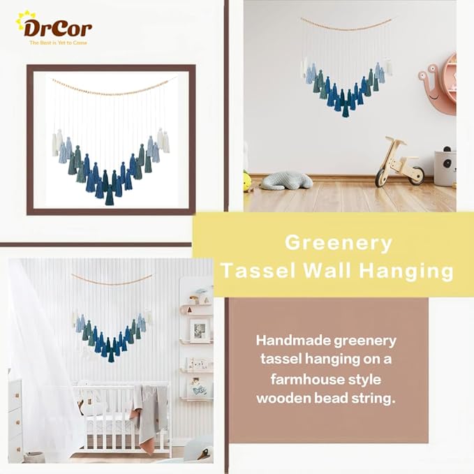 DrCor Ombre Green Boho Macrame Garland – Rustic Yarn Wall Hanging for Living Room, Bedroom or Entryway Decor, Forest Green Mantel Banner, Farmhouse Party or Wedding Decoration