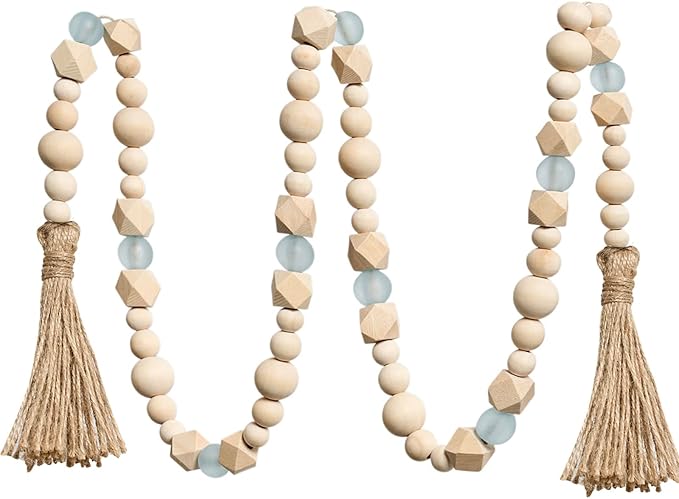 OMISHE Wood Bead Garland with Tassels 52 Inches, Octagonal Handmade Wooden Beads with Blue Acrylic Beads, Boho Wooden Beads Home Decor, Farmhouse Beads Garland for Tiered Tray Decor Beach Decor