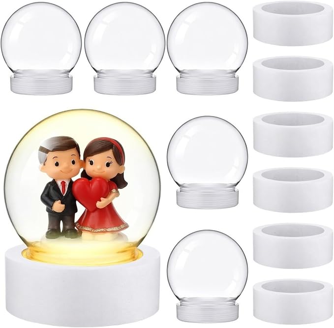 Irenare 12 Pcs 3.9 Inch DIY Snow Globe Kit, 6 Make Your Own Snow Globe Craft 6 LED Light Wood Base Clear Plastic Dome for Wedding Engagement Bridal Shower Decor Anniversary Wife Gift