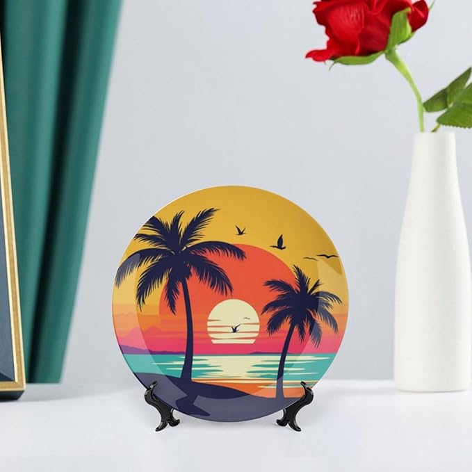 Coconut Trees Theme Decorative Ceramic Plate Round Porcelain Plate,8 inch,Sunset Silhouette Pattern,for Decorative Ornaments Giving Plates,1 Plate with 1 Display Stand,Orange Blue