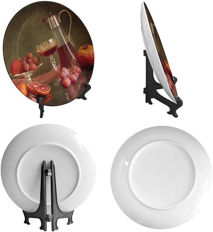 Decorative Plate Holder, 6 Inch, Blood Orange Grape Pomegranate Cider Round Display Plate, Decorative Plates with Stand, for Wall Hanging Living Room Bathroom Decor Gift