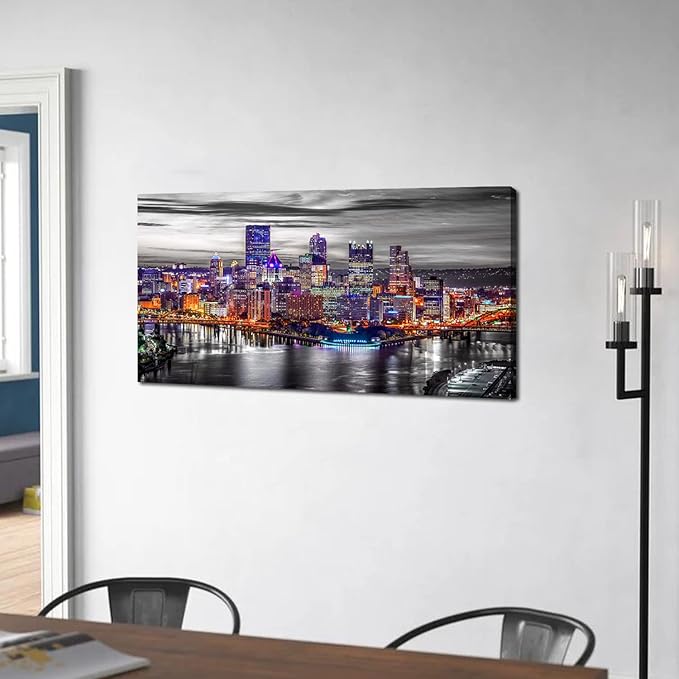 Pittsburgh Wall Art Living Room Decorations Black and White City Skyline Picture Modern Office Wall Decor Pennsylvania Nightscape Panoramic Canvas Prints Cityscape Painting Skyscraper Artwork 20x40"
