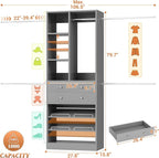 Closet System, 4.2–8.8 FT Closet Organizer with 2 Wooden Drawers and Shelves, Walk-in Closet System with 5 Hang Rods, Built-in Closet Tower, Can Fit 60 to 96 inch, Morandi Grey