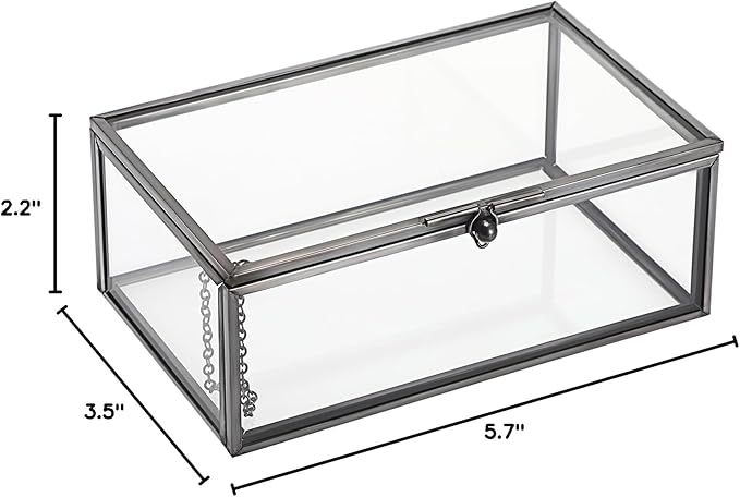 Hipiwe Vintage Glass Keepsake Box - Rectangle Jewelry Display Organizer with Lidded Box for Home Decor and Storage of Trinket Rings, Bracelet - Black, Small