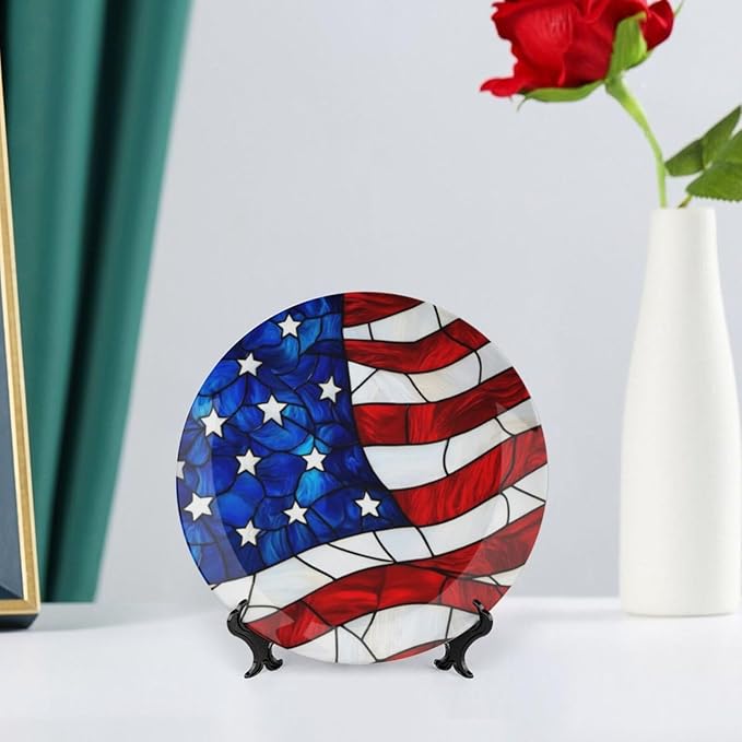 Stars and Stripes Theme Decorative Ceramic Plate Round Porcelain Plate,8 inch,American Stained Glass Pattern,for Decorative Ornaments Giving Plates,1 Plate with 1 Display Stand,Red Blue