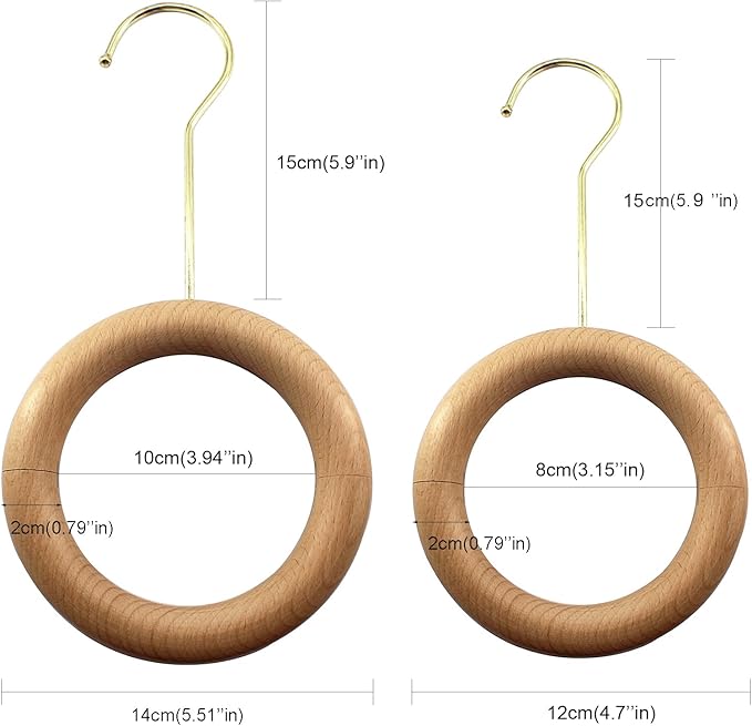2 Pcs Natural Wood Scarf Hanger Ring Holder with Gold Hook Organiser Storage Hanger for Shop Display Wardrobe Closet Scarves Shawl Tie Belt Towel Necklace Jewellery Accessory Rack