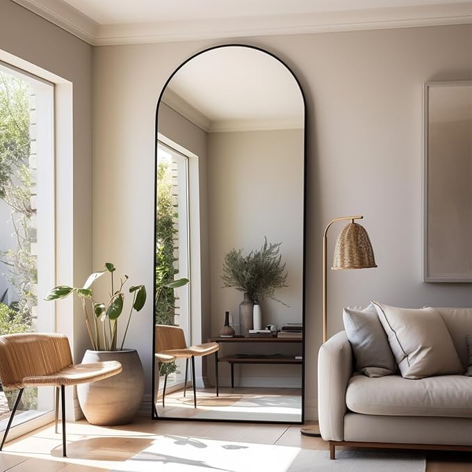 Dewfig Full Length Mirror, 71"*26" Arched Full Body Mirror with Stand, Large Floor Mirrors for Leaning or Hanging, Big Mirrors for Bedroom, Living Room,Dressing Room, Aluminum Alloy Frame, Black