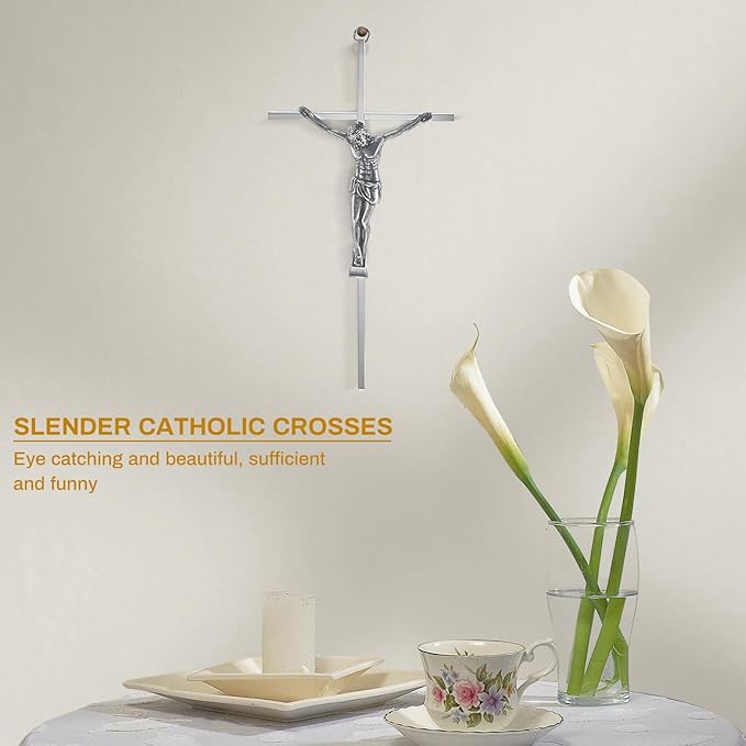 Leinuosen 4 Pieces Crucifix Wall Cross Catholic Slender Metal Crosses Wall Decor for Home Decor Hanging Jesus, 10 x 5 x 1 Inches(Silver)