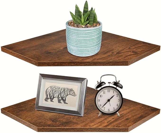 Homode Corner Shelf Wall Mount, Set of 2 Floating Corner Shelf Organizer for TV Accessories, Speaker, Cable Box, Game Console, Storage for Bathroom Kitchen Living Room Bedroom, Rustic Brown