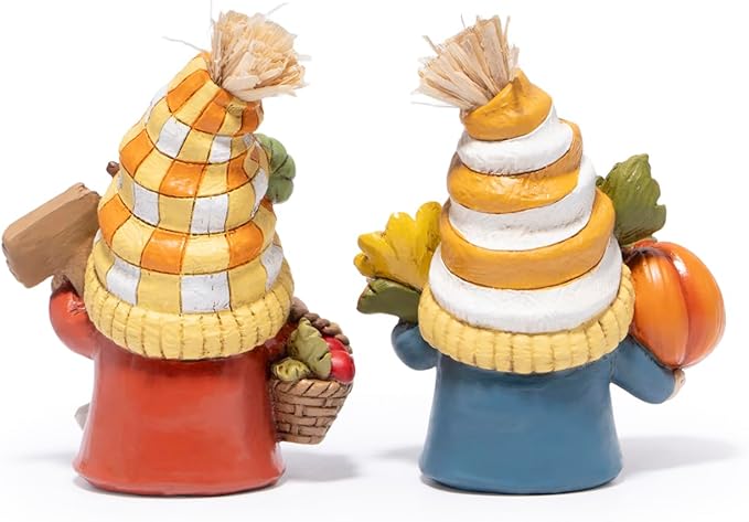 Hodao Fall Gnome Figurines – Pumpkin Gnomes with Checkered Hats, Sunflower, Corn Basket and Give Thanks Sign – Thanksgiving/Harvest Home Decor & Gift for Tiered Tray, Mantel, Tabletop, Windowsill
