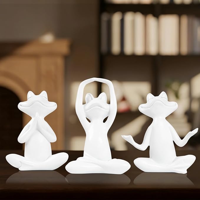 Suoedd White Frog Figurines Yoga Decor Set of 3 –Frog Yoga Statues for Modern Living Room Table Office Bookshelf Shelves Home Sculptures Decor