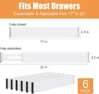 Bamboo Drawer Dividers,17-22" Adjustable Kitchen Drawer Organizer for Clothes,6 Pack Expandable Drawer Organization Separators for Bedroom,Bathroom,Dresser and Office,White