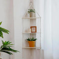 Artilady Macrame Corner Shelf Wall Hanging - 3 Tier White Floating Shelves Plant Corner Wall Decor, Boho Rustic Wood Plant Storage Rack for Bedroom Living Room Bathroom