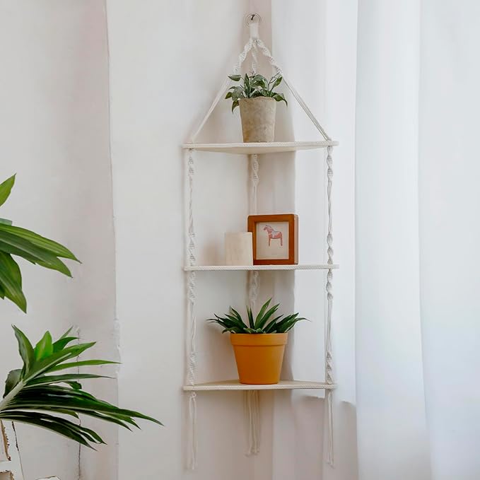 Artilady Macrame Corner Shelf Wall Hanging - 3 Tier White Floating Shelves Plant Corner Wall Decor, Boho Rustic Wood Plant Storage Rack for Bedroom Living Room Bathroom