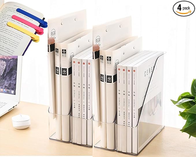 Acrylic Magazine Holder, 4 PCS File Magazine & Book Storage Rack for Office Desk, Clear Book Organizer with 3pcs Silicone Automatic Bookmarks (4)