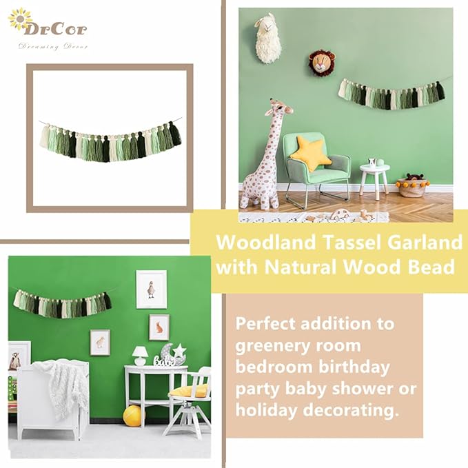DrCor Sage Green Tassel Garland – Woodland Classroom Decor for Back to School Bulletin Board, Reading Corner, Nursery, Kids Room, Baby Shower, Dorm Room & Teacher Classroom Decorations