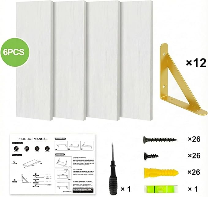 YGEOMER White Floating Shelves for Wall, Farmhouse 23.6 Inch Wall Shelves for Bedroom, Bathroom Storage, Living Room and Kitchen Decor (Set of 6 White)