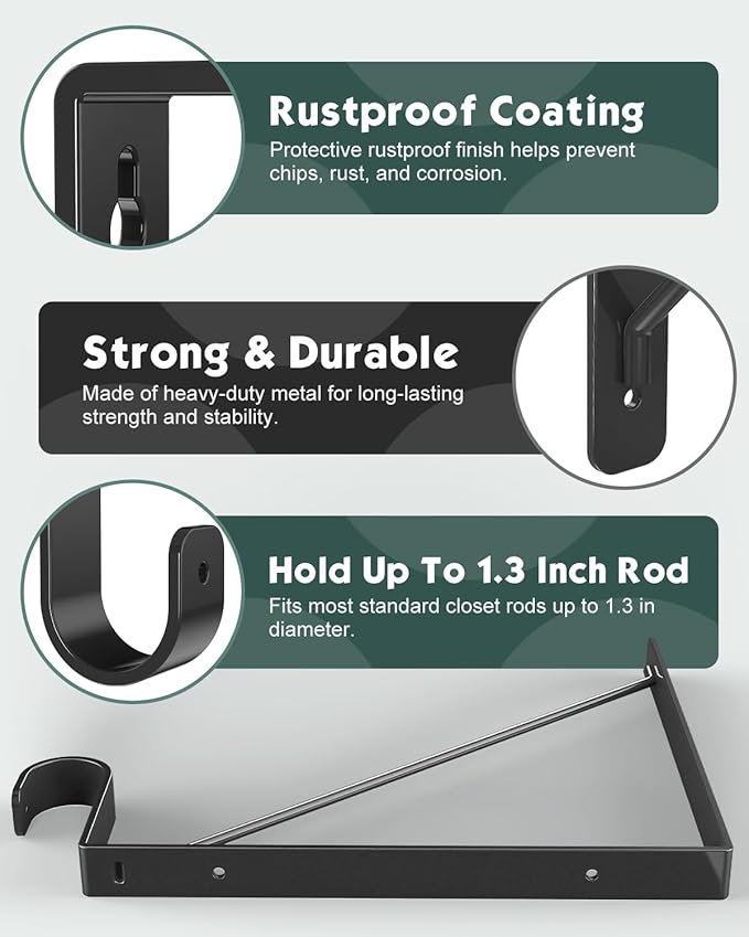 6 Pack Closet Rod Bracket, Heavy Duty Closet Rod Support with Rod Holder, Wall Mounted Closet Shelf Brackets with Triangle Stabilizing Design for Closet, Bathroom and Kitchen, Black