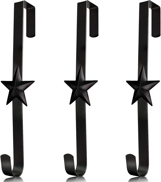 3 Pcs 15 Inch Wreath Hanger for Front Door Star Pattern Garland Hanger Over The Door Metal Door Wreath Decoration Hanger Hook for Various Festive Wreaths Hanging Towels Coats Etc (Black)