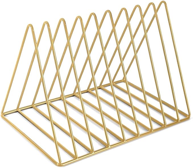 Udreamer 9 Slot Record Holder,Desktop Vinyl Record Storage Holds Up 30 LPs,Metal Magazine Holder Triangle File Holder for Office Homer,Golden