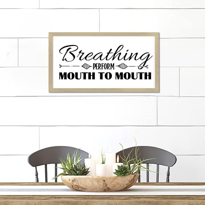 Chic Style Encouragement Quote Hanging Wall Sign with Bible Quotes Breathing Perform Mouth to Mouth Beige Frame Wooden Plaque for Washroom Farmhouse Cottage Porch Wall Decor Housewarming Gift 12x22in
