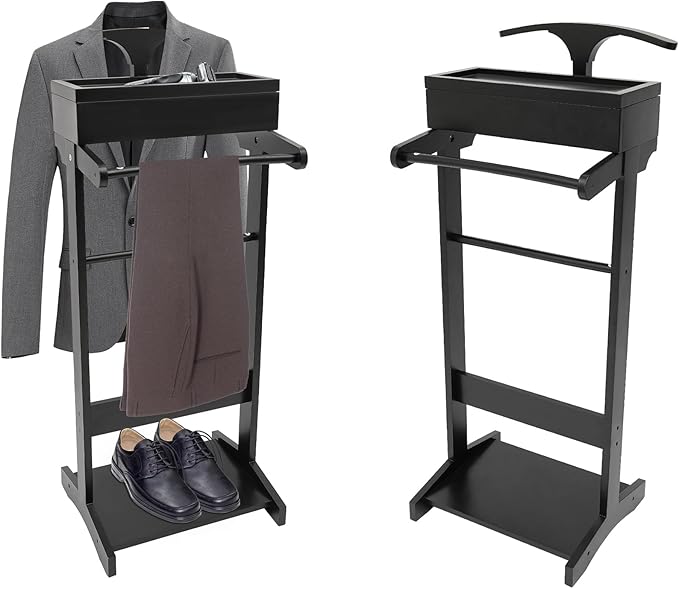 Suit Valet Stand for Men, Black Wooden Clothing Valet Stand with Hanger and Tray Bedroom Organizer for Coats Suits and Hats Modern Freestanding Wardrobe Storage for Home Office Men and Women