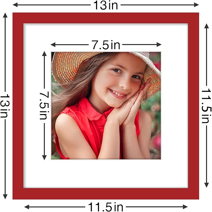 Vittanly 12x12 Picture Frames Set of 9, Shatter Resistant Plexiglass, Display 8x8 Pictures with Mat or 12x12 without Mat, Photo Frames for Wall Mount, Engineered Wood, Red