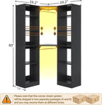Corner Closet System with 2 Motion Sensor Lights, 39.2" Corner Closet Organizer with 12 Shelves, Closet Corner with 2 Hanging Rods, Versatile 6-Tier Walk-in Closets for Corner Space, Black