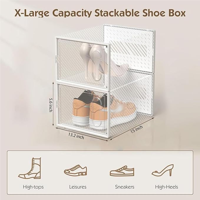 12 Packs Clear Plastic Shoebox With Magnetic Door, X-Large(14"× 10" × 7") Stackable Shoe Box Storage With Lids, Multifunctional Sneaker Containers, Toy Storage, Space-Saving Shoe Rack White
