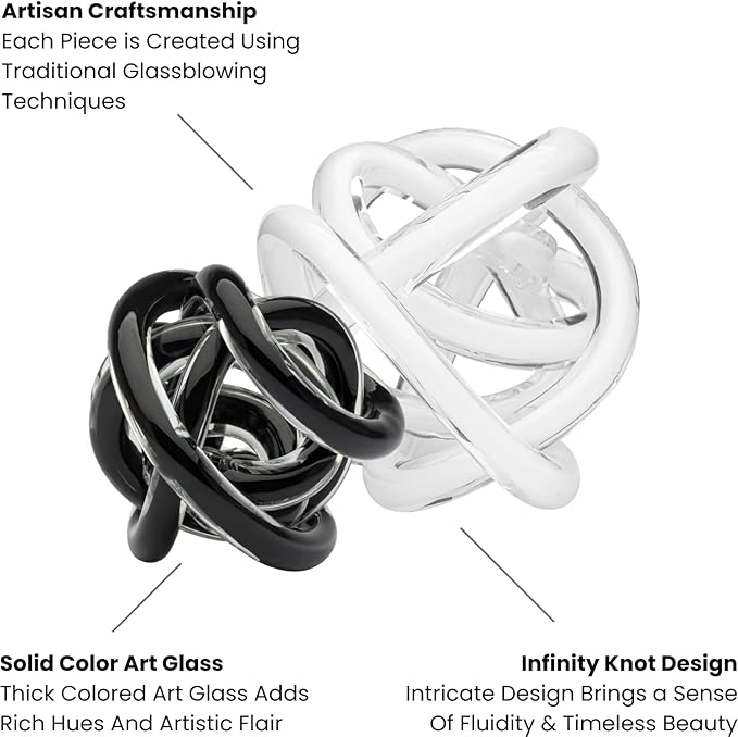 Torre & Tagus Orbit Hand Blown Glass Infinity Knot Sculpture - 4.5 Inch Glass Art White Knot Decor Ball for Home Decor, Small Centerpiece Table Decoration for Home Interior (Solid White)