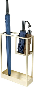 MyGift Modern Brass Tone Metal Entryway Umbrella Rack with Geometric Design, 13 x 5-inch Wide Rectangular Freestanding Cane Umbrella Holder with Shelf for Small Umbrellas and Bottom Drip Catch Tray