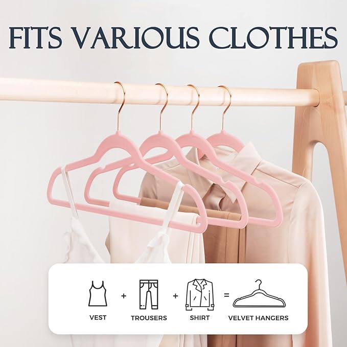 HOUSE DAY Pink Velvet Hangers 20 Pack, Premium Non-Slip Felt Clothes, Sturdy Heavy Duty Coat, Durable Hangers for Suits, Space Saving with No Hanger Mark, 360° Swivel Rotating Rose Gold Hook
