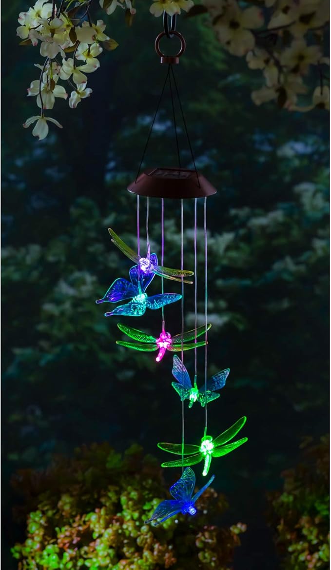 Evergreen Garden Beautiful Summer Colorful Dragonfly and Butterfly Solar Hanging Mobile - 5 x 5 x 26 Inches Fade and Weather Resistant Outdoor Decoration for Homes, Yards and Gardens